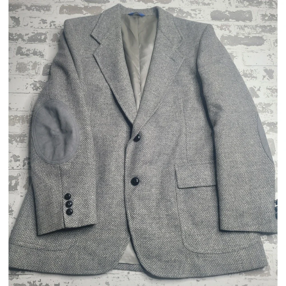 Pendleton Blazer Jacket Mens Size 42‎ Gray Tweed Sport Coat Wool Leather Elbow